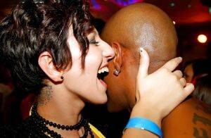 Naughty amateur babes kissing and sucking hard cocks at the wild party on picsofsex.com