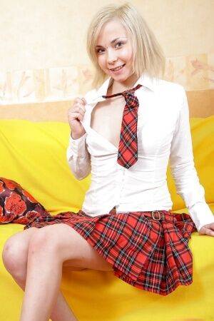 Young blonde schoolgirl Sonja P flashing white panties under pleated skirt on picsofsex.com