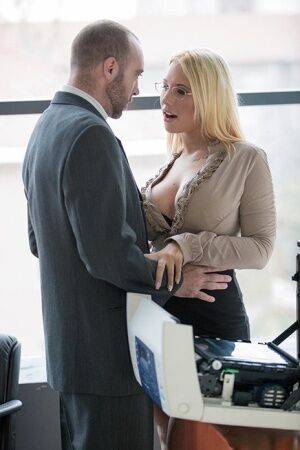 Hot blonde secretary Kyra Hot fucking co-worker in black lingerie on picsofsex.com