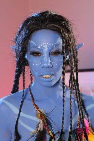 Cosplay beauty Misty Stone takes cock in nothing but blue body paint on picsofsex.com