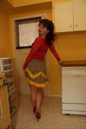 Older housewife Dirty Angie poses in retro lingerie and nylons in kitchen on picsofsex.com