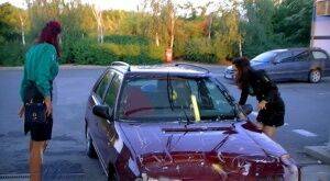 Glamorous ladies have some wet fully clothed car wash fun outdoor on picsofsex.com