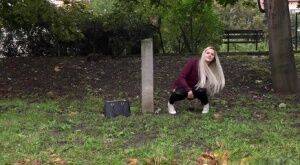 Dirty blonde female can't hold her pee any longer and pisses in public park on picsofsex.com