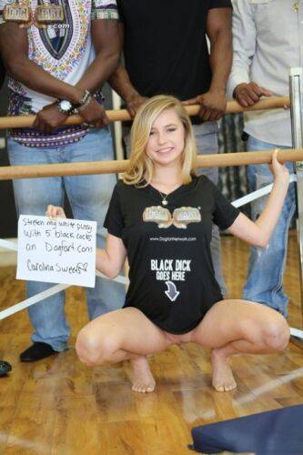 Adorable ballerina Carolina Sweets goes black with 5 muscular guys on picsofsex.com