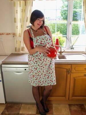 Fat amateur Roxy exposes her huge breasts in her pretties and a kitchen apron on picsofsex.com