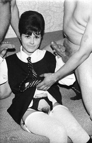 Small titted vintage schoolgirl removes her uniform for a big cock threesome on picsofsex.com