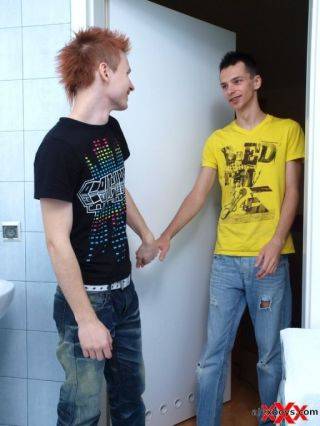 Cute twinks doing it in the bathroom on picsofsex.com