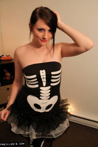 Adorable Brunette Freckles Teases Us In Her Pantyhose And Her Halloween Outfit on picsofsex.com