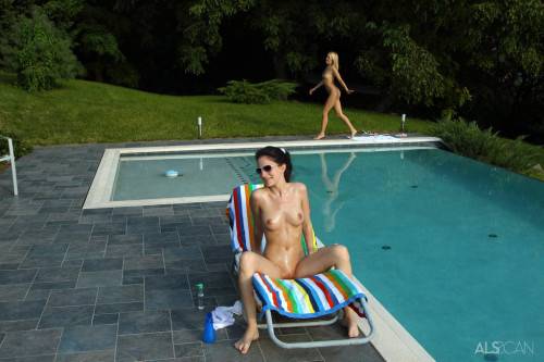 Sexy cuties Ann Marie La Sante and Blue Angel in glasses enjoy lesbian fisting near the pool on picsofsex.com