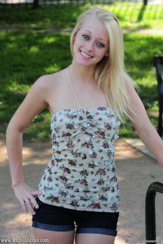 Playful Blonde Madison Lain Is Naughtily Demonstrating Her Small Boobs Outdoor on picsofsex.com