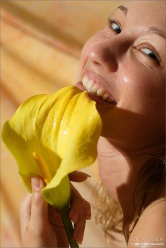 Masha P Is Lying On Silk Sheet And Gently Fondling Her Smooth Body With Yellow Flower on picsofsex.com