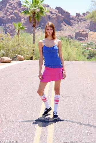 Teen Girl Holly FTV In Blue Top And Pink Skirt Flashes Her Tits And Pussy By The Road on picsofsex.com