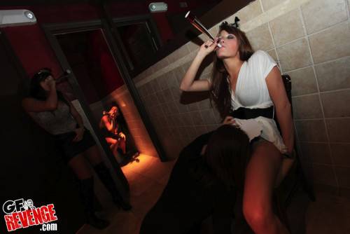 Drunk lesbian girlfriends playing in night club toilet on picsofsex.com