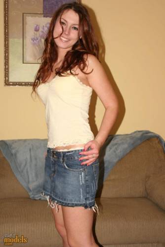 Charming Chick Summer Solstice Takes Off Her Denim Miniskirt And Yellow Underwear on picsofsex.com