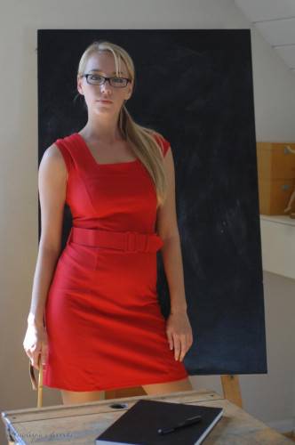 Horny Blonde Teacher Hayley-Marie Coppin Strips Her Red Dress And Lingerie In Class on picsofsex.com