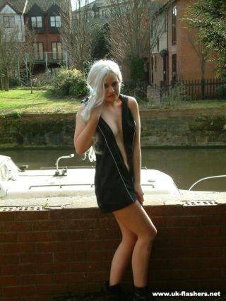 Cute blonde, miss chaos, strips off beside a busy river way - Britain on picsofsex.com