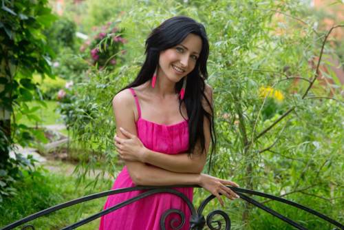 Precious Brunette With Long Hair Janelle B Smoothly Sliding Off Her Pink Dress And Poses Nude On The Bench on picsofsex.com