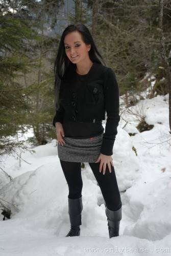 Very Brave Brunette Kate B In Tight Black Pantyhose Poses Topless In Winter on picsofsex.com