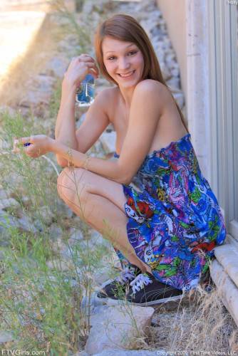 Tender Cutie Holly FTV In Blue Dress Spreads Her Shaved Pussy Open Close-up on picsofsex.com